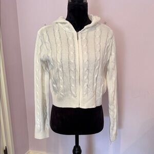 White Cable Knit Hoodie Zip Cardigan Sweater - Women